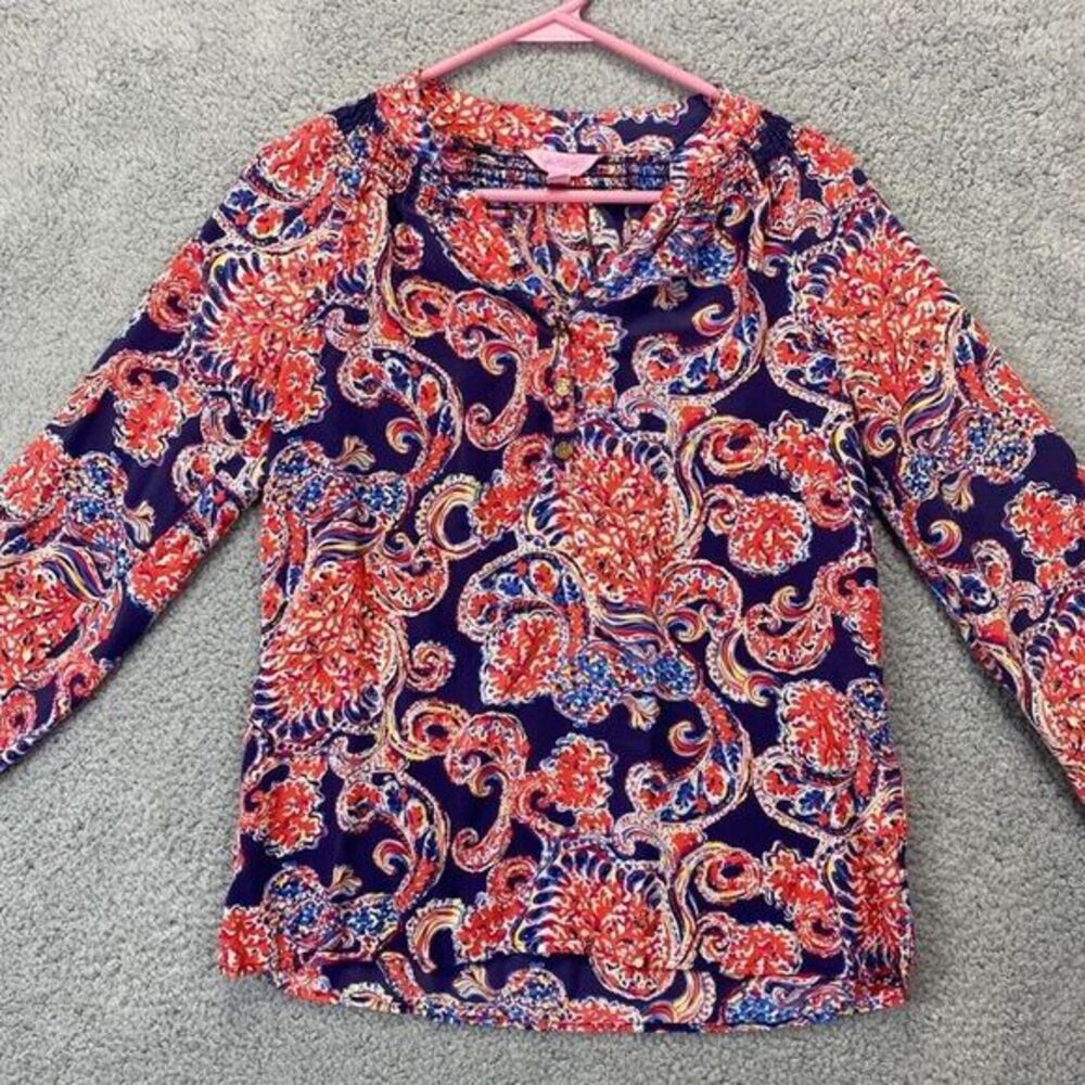 Lilly Pulitzer Shirt Women XS Red Elsa For The Halibut Silk Paisley‎ Peasant